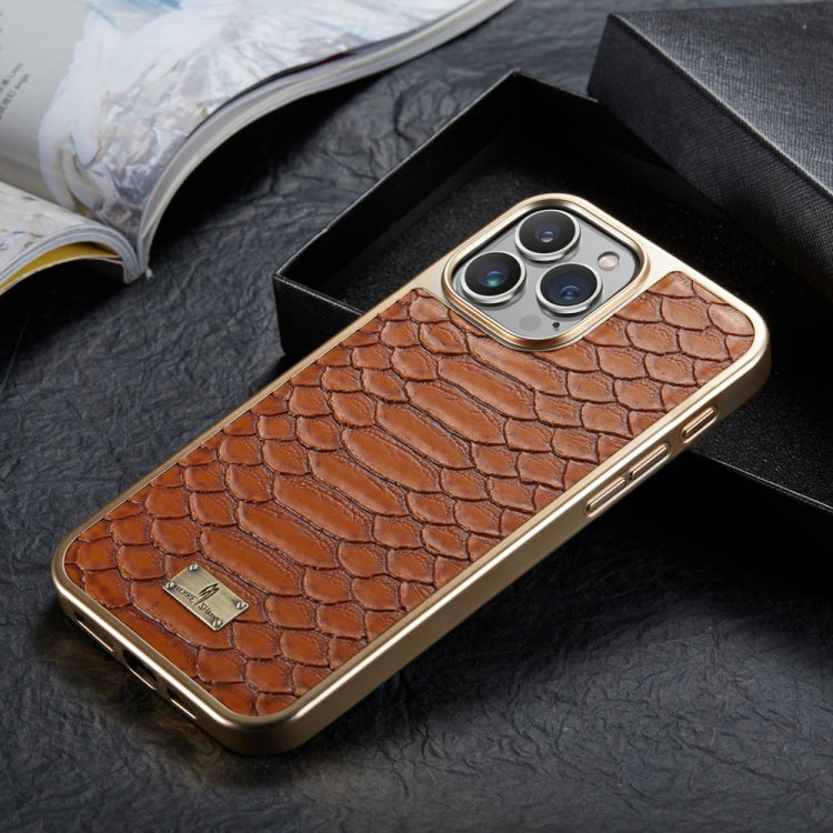 For iPhone 16 Pro Max Fierre Shann Python Texture Electroplating PU Phone Case(Brown)