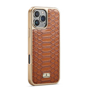 For iPhone 16 Pro Max Fierre Shann Python Texture Electroplating PU Phone Case(Brown)