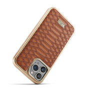 For iPhone 16 Pro Max Fierre Shann Python Texture Electroplating PU Phone Case(Brown)