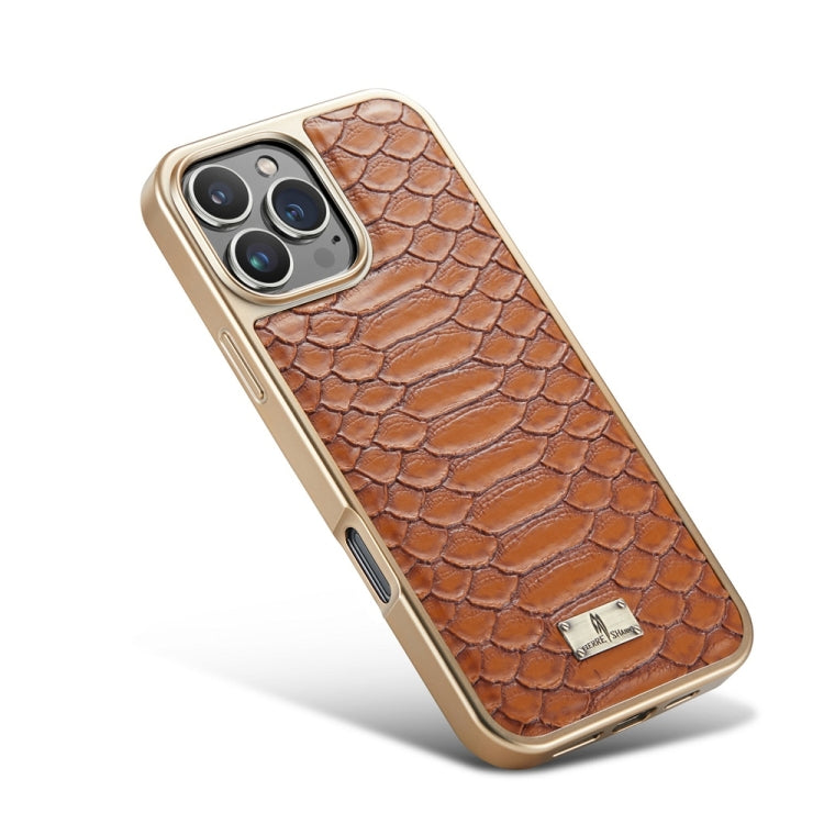For iPhone 16 Pro Fierre Shann Python Texture Electroplating PU Phone Case(Brown)