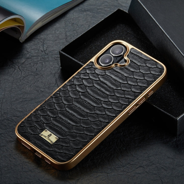 For iPhone 16 Plus Fierre Shann Python Texture Electroplating PU Phone Case(Black)
