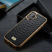 For iPhone 16 Plus Fierre Shann Python Texture Electroplating PU Phone Case(Black)