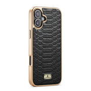 For iPhone 16 Plus Fierre Shann Python Texture Electroplating PU Phone Case(Black)