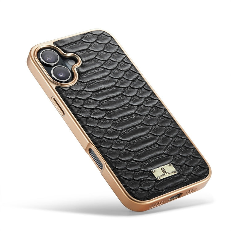 For iPhone 16 Plus Fierre Shann Python Texture Electroplating PU Phone Case(Black)