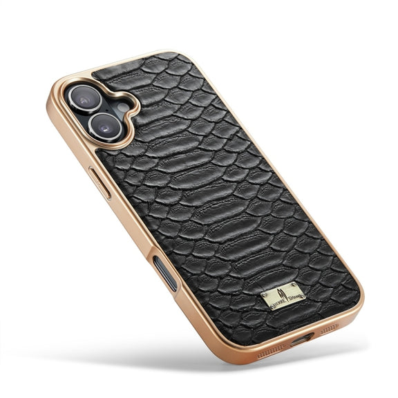 For iPhone 16 Plus Fierre Shann Python Texture Electroplating PU Phone Case(Black)