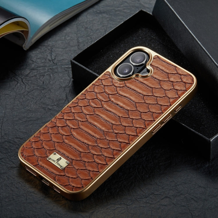 For iPhone 16 Plus Fierre Shann Python Texture Electroplating PU Phone Case(Brown)