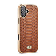 For iPhone 16 Plus Fierre Shann Python Texture Electroplating PU Phone Case(Brown)