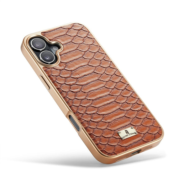 For iPhone 16 Plus Fierre Shann Python Texture Electroplating PU Phone Case(Brown)