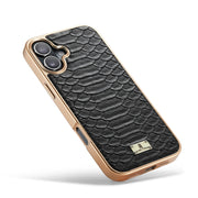 For iPhone 16 Fierre Shann Python Texture Electroplating PU Phone Case(Black)