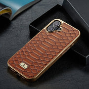 For iPhone 16 Fierre Shann Python Texture Electroplating PU Phone Case(Brown)