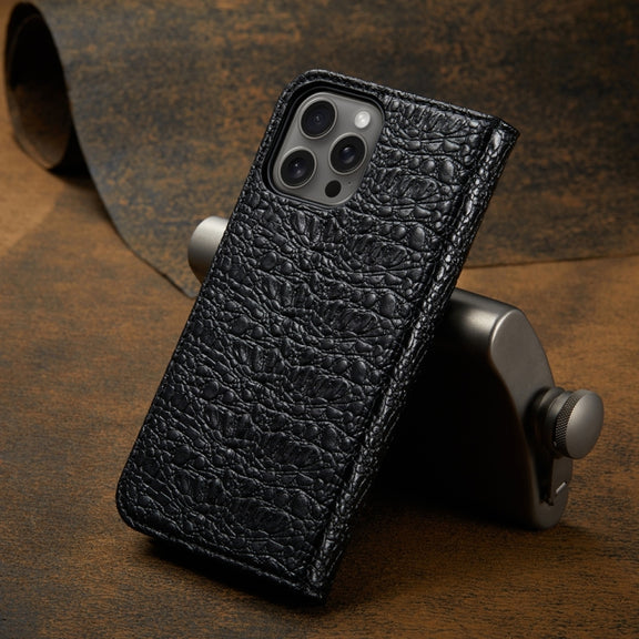For iPhone 16 Pro Max Fierre Shann Crocodile Texture Magnetic Genuine Leather Phone Case(Black)