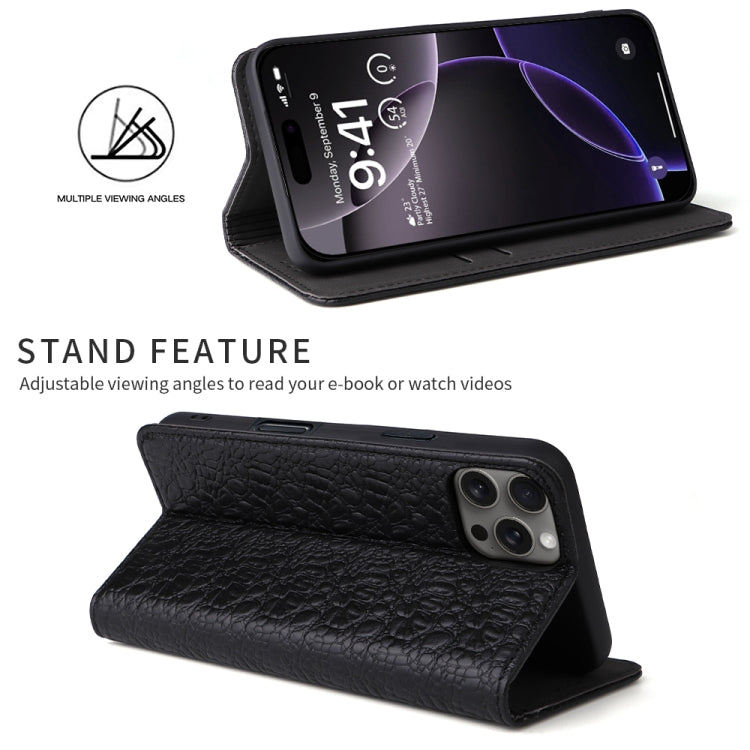 For iPhone 16 Pro Max Fierre Shann Crocodile Texture Magnetic Genuine Leather Phone Case(Black)