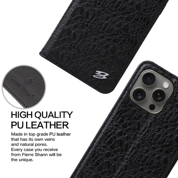 For iPhone 16 Pro Max Fierre Shann Crocodile Texture Magnetic Genuine Leather Phone Case(Black)