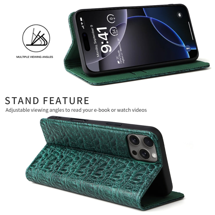 For iPhone 16 Pro Fierre Shann Crocodile Texture Magnetic Genuine Leather Phone Case(Green)