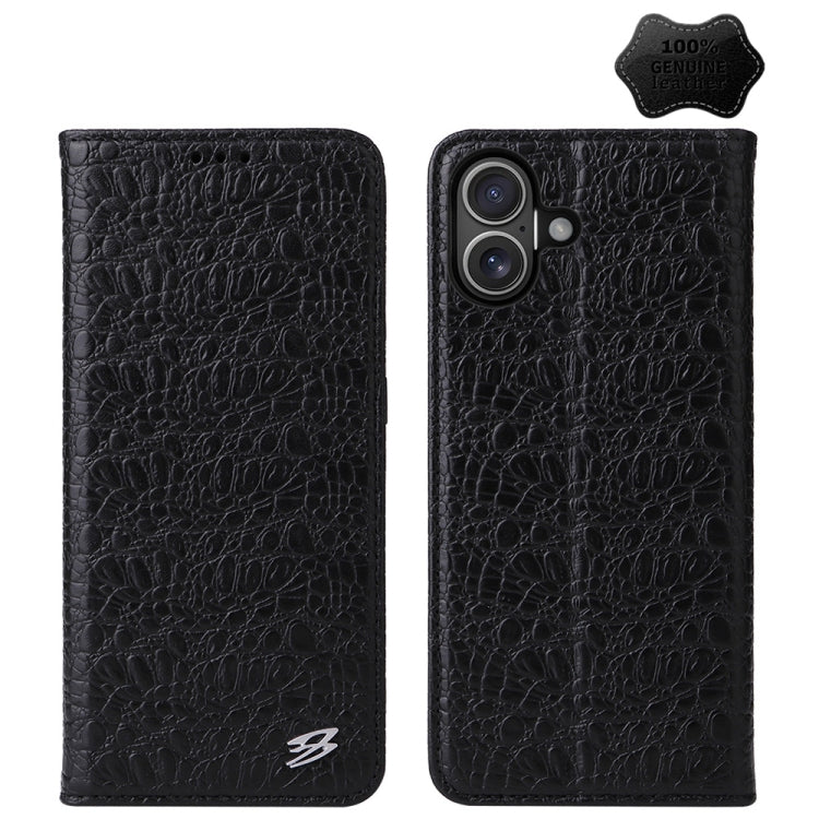 For iPhone 16 Plus Fierre Shann Crocodile Texture Magnetic Genuine Leather Phone Case(Black)