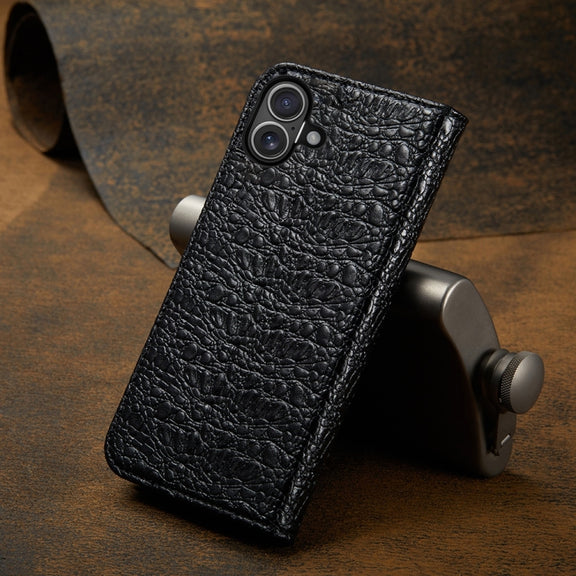For iPhone 16 Plus Fierre Shann Crocodile Texture Magnetic Genuine Leather Phone Case(Black)