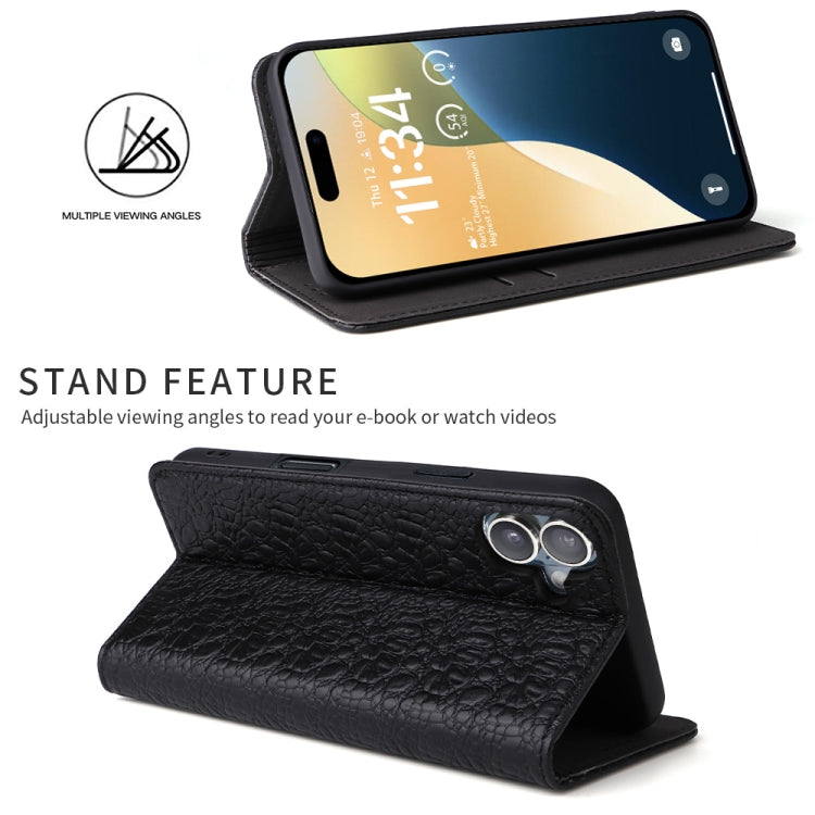 For iPhone 16 Plus Fierre Shann Crocodile Texture Magnetic Genuine Leather Phone Case(Black)