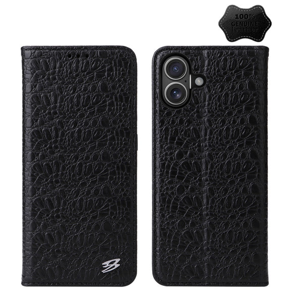For iPhone 16 Plus Fierre Shann Crocodile Texture Magnetic Genuine Leather Phone Case(Black)