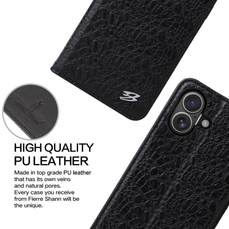 For iPhone 16 Plus Fierre Shann Crocodile Texture Magnetic Genuine Leather Phone Case(Black)