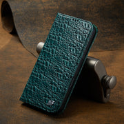 For iPhone 16 Plus Fierre Shann Crocodile Texture Magnetic Genuine Leather Phone Case(Green)