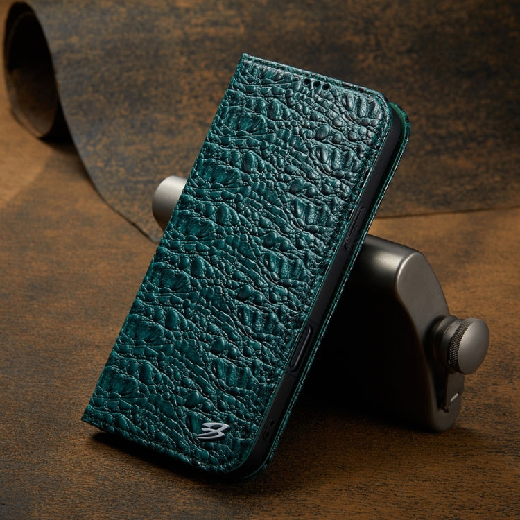 For iPhone 16 Plus Fierre Shann Crocodile Texture Magnetic Genuine Leather Phone Case(Green)