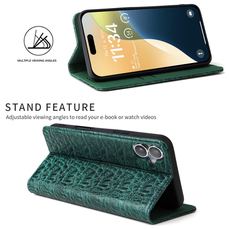 For iPhone 16 Plus Fierre Shann Crocodile Texture Magnetic Genuine Leather Phone Case(Green)