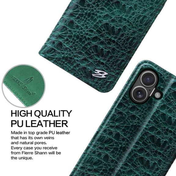 For iPhone 16 Plus Fierre Shann Crocodile Texture Magnetic Genuine Leather Phone Case(Green)