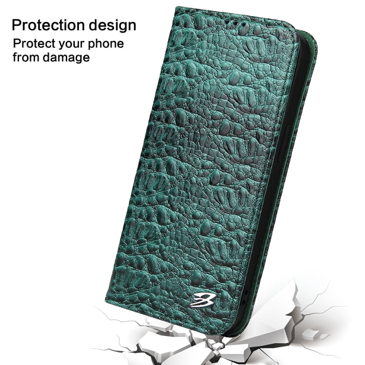 For iPhone 16 Plus Fierre Shann Crocodile Texture Magnetic Genuine Leather Phone Case(Green)
