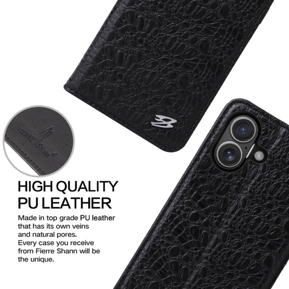 For iPhone 16 Fierre Shann Crocodile Texture Magnetic Genuine Leather Phone Case(Black)