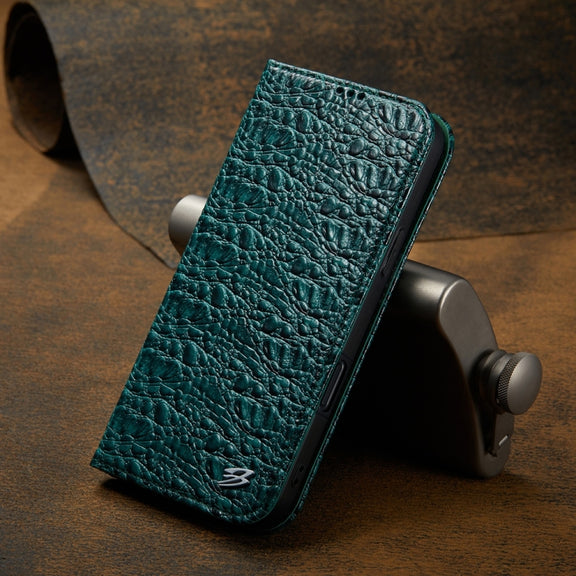 For iPhone 16 Fierre Shann Crocodile Texture Magnetic Genuine Leather Phone Case(Green)