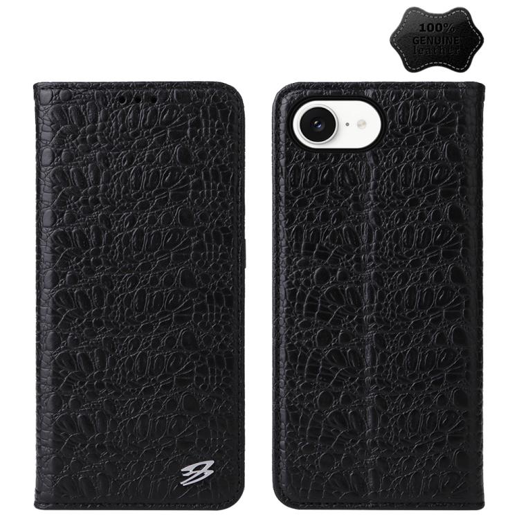 For iPhone 16e Fierre Shann Crocodile Texture Magnetic Genuine Leather Phone Case(Black)