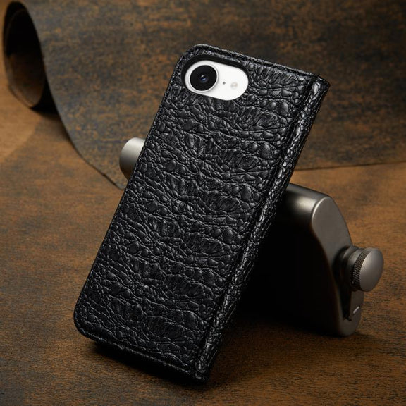 For iPhone 16e Fierre Shann Crocodile Texture Magnetic Genuine Leather Phone Case(Black)