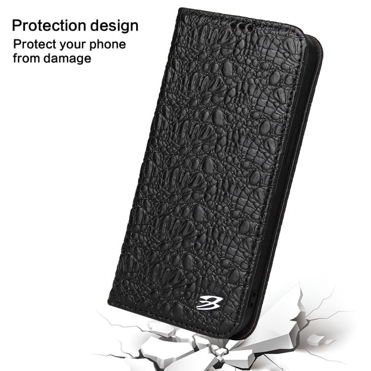 For iPhone 16e Fierre Shann Crocodile Texture Magnetic Genuine Leather Phone Case(Black)
