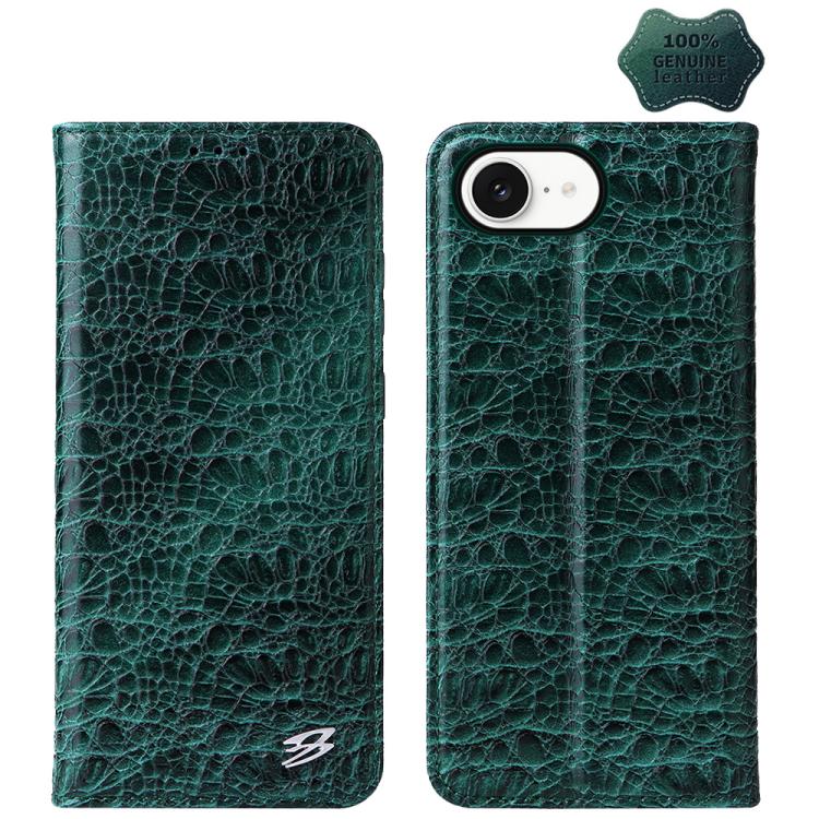 For iPhone 16e Fierre Shann Crocodile Texture Magnetic Genuine Leather Phone Case(Green)