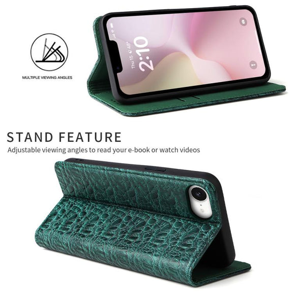 For iPhone 16e Fierre Shann Crocodile Texture Magnetic Genuine Leather Phone Case(Green)