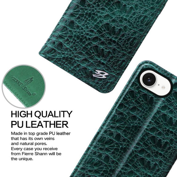 For iPhone 16e Fierre Shann Crocodile Texture Magnetic Genuine Leather Phone Case(Green)