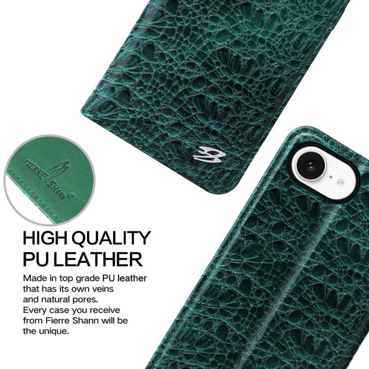 For iPhone 16e Fierre Shann Crocodile Texture Magnetic Genuine Leather Phone Case(Green)
