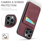 For iPhone 16 Pro Max Fierre Shann Crazy Horse Card Holder Back Cover PU Phone Case(Wine Red)