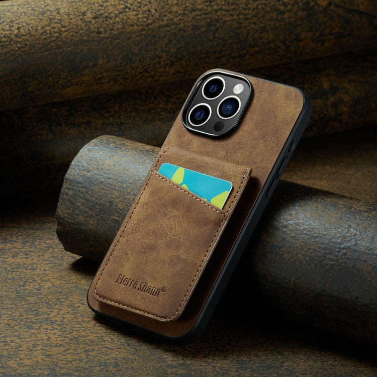 For iPhone 16 Pro Max Fierre Shann Crazy Horse Card Holder Back Cover PU Phone Case(Brown)