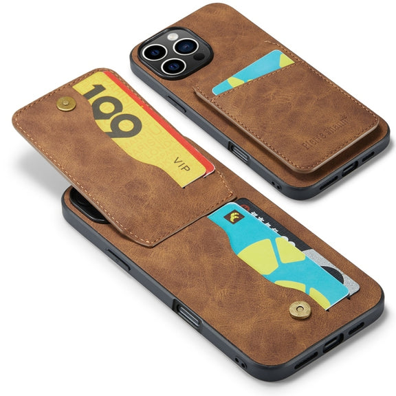 For iPhone 16 Pro Max Fierre Shann Crazy Horse Card Holder Back Cover PU Phone Case(Brown)