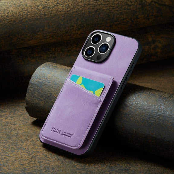 For iPhone 16 Pro Max Fierre Shann Crazy Horse Card Holder Back Cover PU Phone Case(Purple)