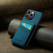 For iPhone 16 Pro Max Fierre Shann Crazy Horse Card Holder Back Cover PU Phone Case(Blue)