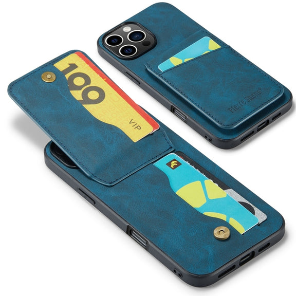 For iPhone 16 Pro Max Fierre Shann Crazy Horse Card Holder Back Cover PU Phone Case(Blue)