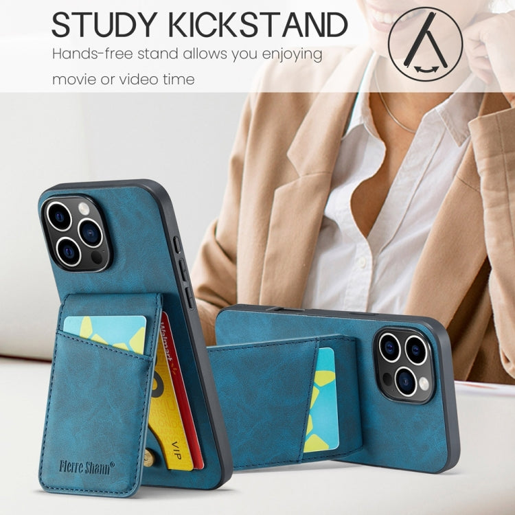 For iPhone 16 Pro Max Fierre Shann Crazy Horse Card Holder Back Cover PU Phone Case(Blue)