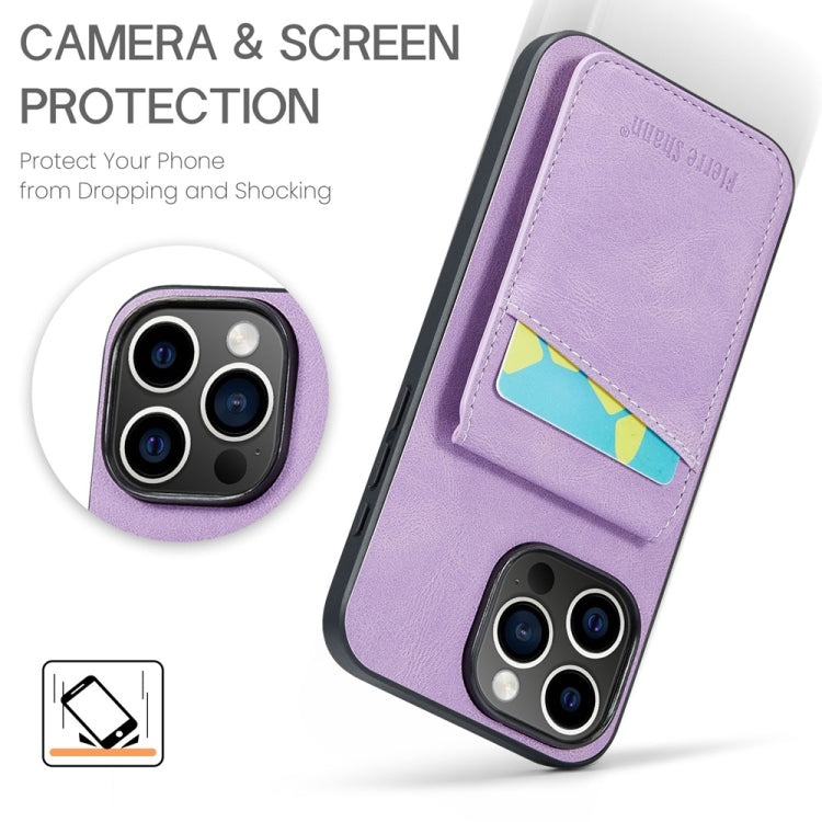 For iPhone 16 Pro Fierre Shann Crazy Horse Card Holder Back Cover PU Phone Case(Purple)