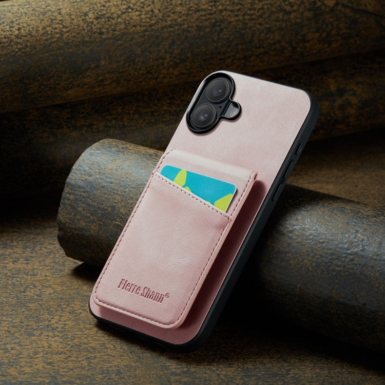 For iPhone 16 Plus Fierre Shann Crazy Horse Card Holder Back Cover PU Phone Case(Pink)