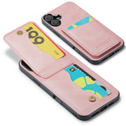 For iPhone 16 Plus Fierre Shann Crazy Horse Card Holder Back Cover PU Phone Case(Pink)
