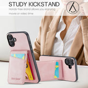 For iPhone 16 Plus Fierre Shann Crazy Horse Card Holder Back Cover PU Phone Case(Pink)