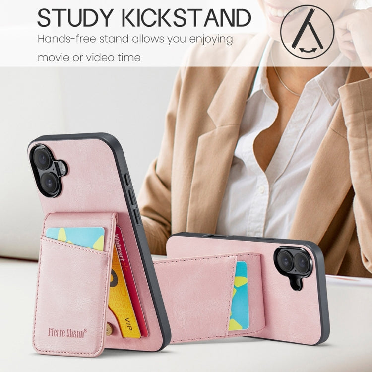 For iPhone 16 Plus Fierre Shann Crazy Horse Card Holder Back Cover PU Phone Case(Pink)