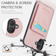 For iPhone 16 Plus Fierre Shann Crazy Horse Card Holder Back Cover PU Phone Case(Pink)